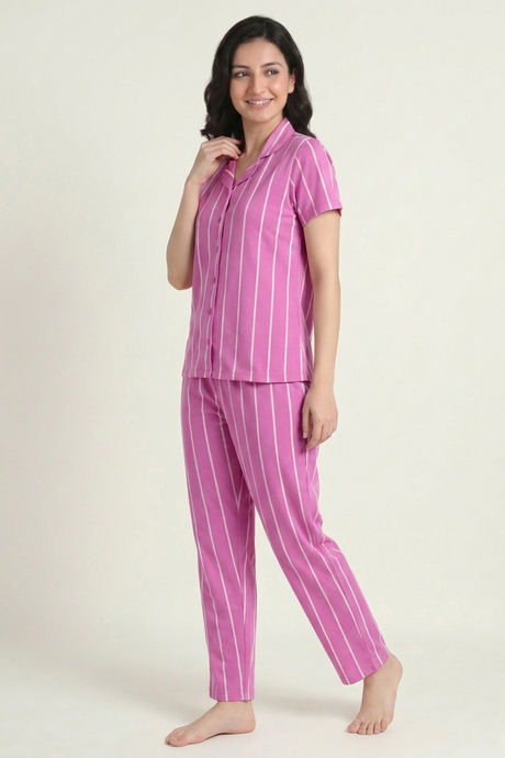 Zivame Thin Stripes Knit Cotton Pyjama Set - Spring Crocus — image 3